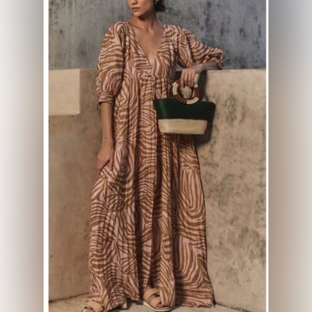 CHRISTY LYNN Rose Zebra Julie Linen Maxi Dress 6